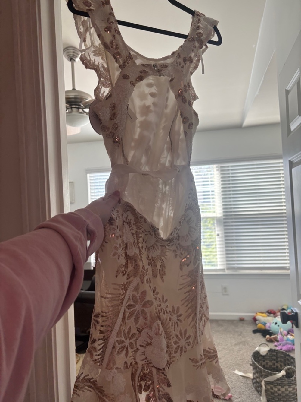 Selfie Leslie Cream Dress with Rose Gold Sequin Floral Embroidery - Picture 3 of 4